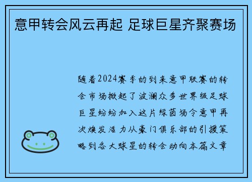 意甲转会风云再起 足球巨星齐聚赛场 意甲转会风云再起 足球巨星齐聚赛场